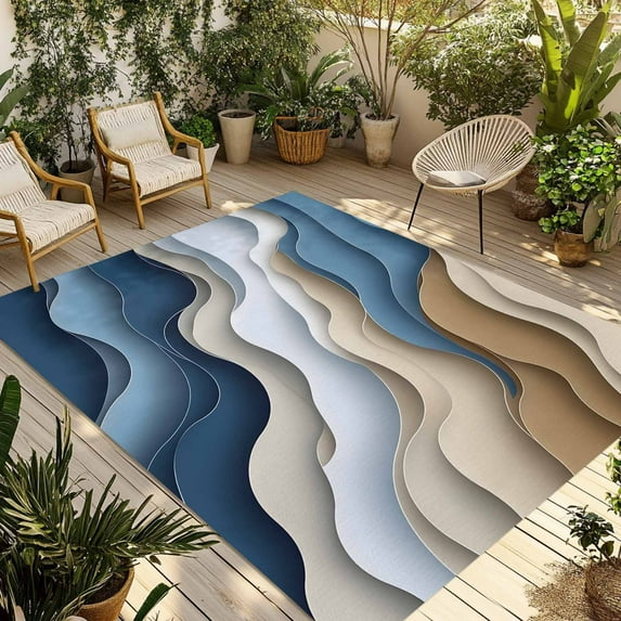 Fsddascl Modern Blue Brown Outdoor Rug for Patio/Deck/Porch, Non-Slip Large Area Rug 5 x 8 Ft, Coastal Beach Wave Geometric Indoor Outdoor Rugs Washable Area Rugs, Reversible Camping Rug Carpet