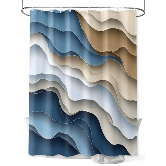 Fsddascl Modern Blue Brown Shower Curtain Set - 66" x 72" Washable Bathtub Curtain with 12 Hooks, Coastal Beach Wave Geometric Waterproof Fabric Stall Shower Curtains for Bathroom/Bathtub Décor
