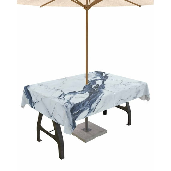 Fsddascl Modern Gray White Outdoor Tablecloth - 54x80 Inch Rectangle Dining Table Cover, Abstract Geometric Marble Patterns Waterproof Outdoor Table Cloth with Umbrella Hole & Zipper for Patio