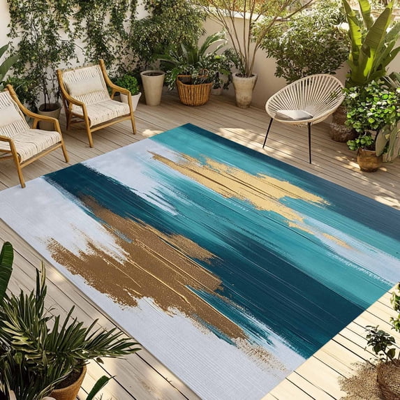 Fsddascl Modern Teal Green Outdoor Rug for Patio/Deck/Porch, Non-Slip Large Area Rug 5 x 8 Ft, Abstract White Gold Oil Painting Indoor Outdoor Rugs Washable Area Rugs, Reversible Camping Rug Carpet