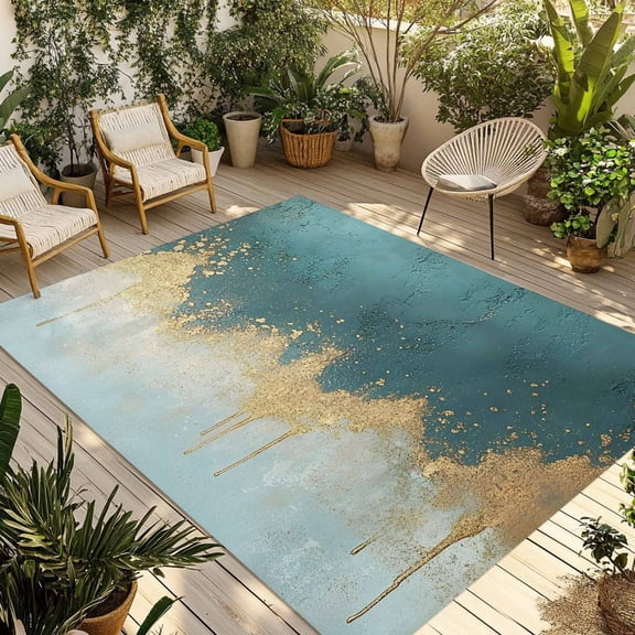 Fsddascl Modern Teal Turquoise Outdoor Rug for Patio/Deck/Porch, Non-Slip Large Area Rug 4 x 6 Ft, Abstract Oil Painting Minimalist Art Indoor Outdoor Rugs Washable Area Rugs, Camping Rug Carpet