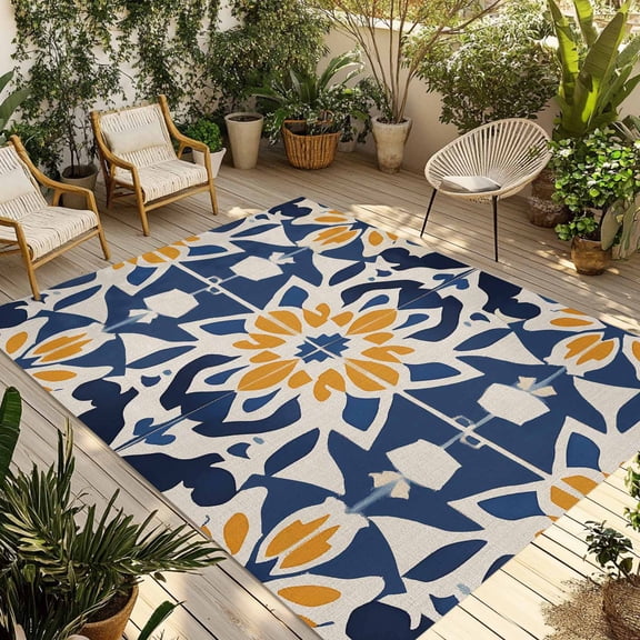Fsddascl Morocco Outdoor Rug for Patio/Deck/Porch, Non-Slip Large Area Rug 5 x 8 Ft, Orange Blue Plaid Boho Bohemian Mexican Aztec Indoor Outdoor Rugs Washable Area Rugs, Camping Rug Carpet
