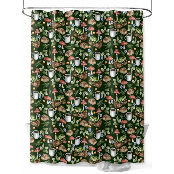 Fsddascl Mushroom Frog Shower Curtain Set - Extra Long 72" x 96" Washable Bathtub Curtain with 12 Hooks, Coffee Bread Dark Green Background Waterproof Fabric Stall Shower Curtains for Bathroom