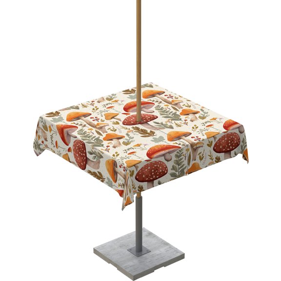 Fsddascl Mushroom Outdoor Tablecloth - 54x54 Inch Square Dining Table Cover, Fall Thanksgiving Mushroom Maple Leaf Botanical Waterproof Outdoor Table Cloth with Umbrella Hole & Zipper for Patio