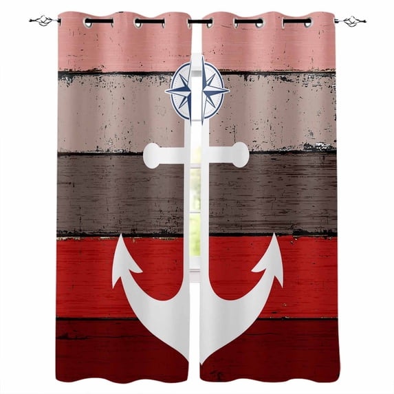 Fsddascl Nautical Anchor Blackout Curtains for Bedroom/Living Room, Thermal Insulated Kitchen Curtains, Red Brown Retro Gradient Wooden Grain Grommet Darkening Window Treatment Drapes 52"x84"x2