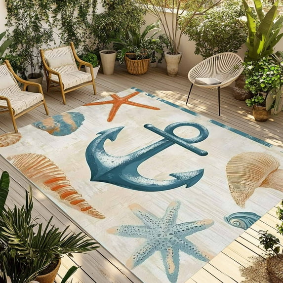 Fsddascl Nautical Anchor Outdoor Rug for Patio/Deck/Porch, Non-Slip Large Area Rug 4 x 6 Ft, Coastal Ocean Vintage Starfish Shells Indoor Outdoor Rugs Washable Area Rugs, Camping Rug Carpet