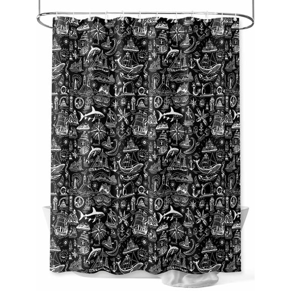 Fsddascl Nautical Black Shower Curtain Set - Extra Long 72" x 96" Washable Bathtub Curtain with 12 Hooks, Anchor Rudder Compass Sailing Boat Waterproof Fabric Stall Shower Curtains for Bathroom