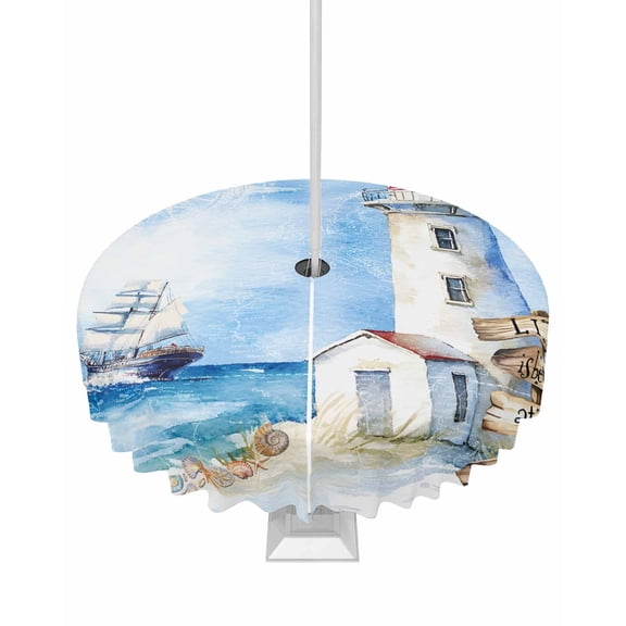 Fsddascl Nautical Blue Outdoor Tablecloth - 54 Inch Round Dining Table Cover, Lighthouse Ocean Sailboat Summer Painting Waterproof Outdoor Table Cloth with Umbrella Hole & Zipper for Picnic/Patio