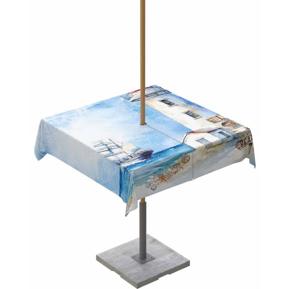 Fsddascl Nautical Blue Outdoor Tablecloth - 54x54 Inch Square Dining Table Cover, Lighthouse Ocean Sailboat Summer Painting Waterproof Outdoor Table Cloth with Umbrella Hole & Zipper for Patio