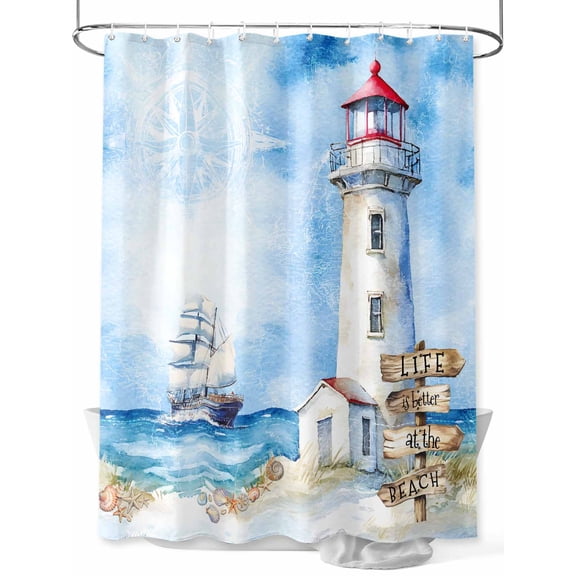 Fsddascl Nautical Blue Shower Curtain Set - 72" x 78" Washable Bathtub Curtain with 12 Hooks, Lighthouse Ocean Sailboat Summer Painting Waterproof Fabric Stall Shower Curtains for Bathroom/Bathtub