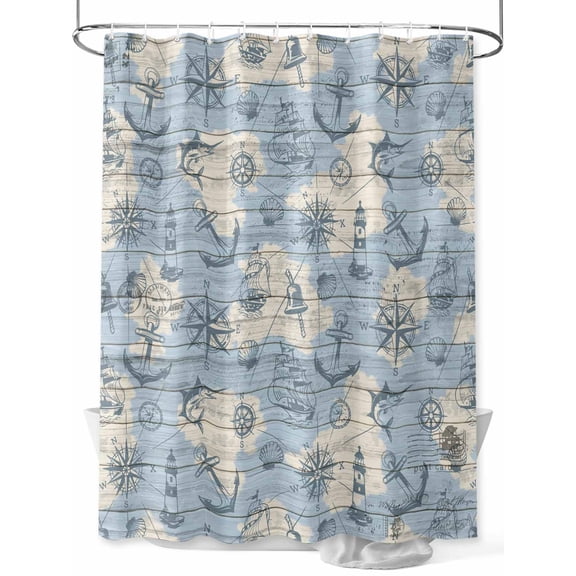 Fsddascl Nautical Blue Shower Curtain Set - Extra Long 72" x 96" Washable Bathtub Curtain with 12 Hooks, Sailing Anchor Compass Lighthouse Fish Waterproof Fabric Stall Shower Curtains for Bathroom