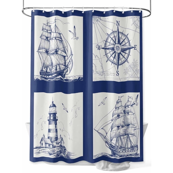 Fsddascl Nautical Navy Shower Curtain Set - Long 72" x 84" Washable Bathtub Curtain with 12 Hooks, Blue Lighthouse Boat Compass Ocean Waterproof Fabric Stall Shower Curtains for Bathroom/Bathtub
