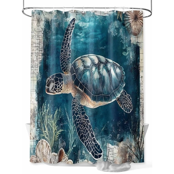 Fsddascl Nautical Sea Turtle Shower Curtain Set - Small 36" x 72" Washable Bathtub Curtain with 12 Hooks, Coastal Vintage Ocean Shells Waterproof Fabric Stall Shower Curtains for Bathroom/Bathtub