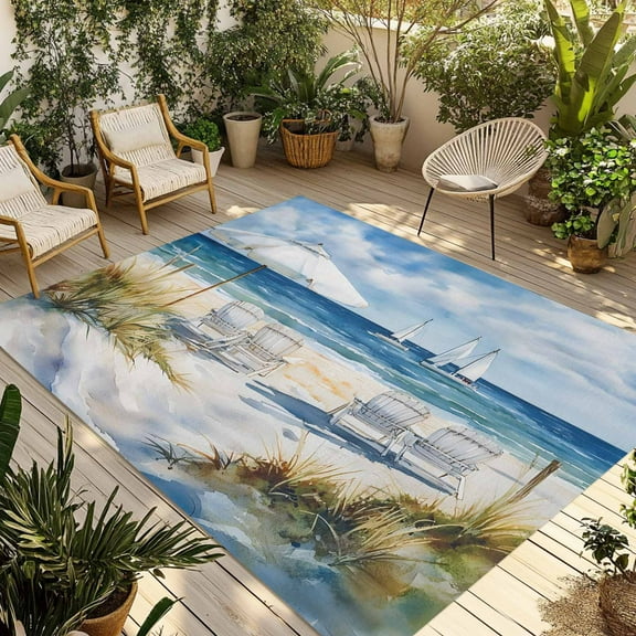 Fsddascl Nautical Wave Blue Outdoor Rug for Patio/Deck/Porch, Non-Slip Large Area Rug 4 x 6 Ft, Coastal Ocean Oil Painted Plant Indoor Outdoor Rugs Washable Area Rugs, Reversible Camping Rug Carpet