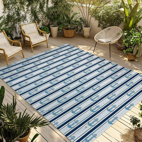 Fsddascl Navy Blue Anchor Nautical Outdoor Rug for Patio/Deck/Porch, Non-Slip Large Area Rug 5 x 8 Ft, Blue Coastal Ocean Indoor Outdoor Rugs Washable Area Rugs, Reversible Camping Rug Carpet Runner
