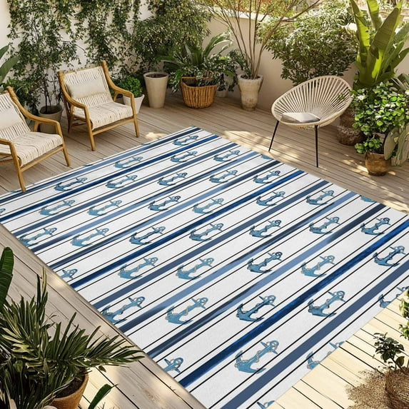 Fsddascl Navy Blue Anchor Nautical Outdoor Rug for Patio/Deck/Porch, Non-Slip Large Area Rug 5 x 8 Ft, Coastal Ocean Blue Striped Indoor Outdoor Rugs Washable Area Rugs, Camping Rug Carpet