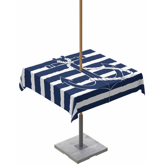 Fsddascl Navy Blue Anchor Outdoor Tablecloth - 60x60 Inch Square Dining Table Cover, Nautical White Horizontal Striped Waterproof Outdoor Table Cloth with Umbrella Hole & Zipper for Picnic/Patio