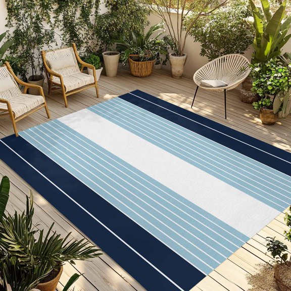 Fsddascl Navy Blue Aqua Stripe Outdoor Rug for Patio/Deck/Porch, Non-Slip Large Area Rug 4 x 6 Ft, Modern Art Horizontal Striped Indoor Outdoor Rugs Washable Area Rugs, Reversible Camping Rug Carpet