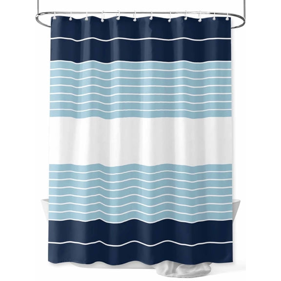 Fsddascl Navy Blue Aqua Stripe Shower Curtain Set - 48" x 72" Washable Bathtub Curtain with 12 Hooks, Modern Art Horizontal Striped Waterproof Fabric Stall Shower Curtains for Bathroom/Bathtub