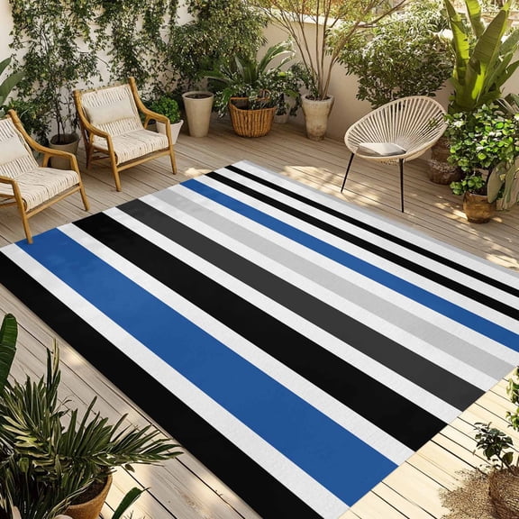 Fsddascl Navy Blue Black Stripe Outdoor Rug for Patio/Deck/Porch, Non-Slip Large Area Rug 4 x 6 Ft, Modern Abstract Coarse Striped Indoor Outdoor Rugs Washable Area Rugs, Camping Rug Carpet