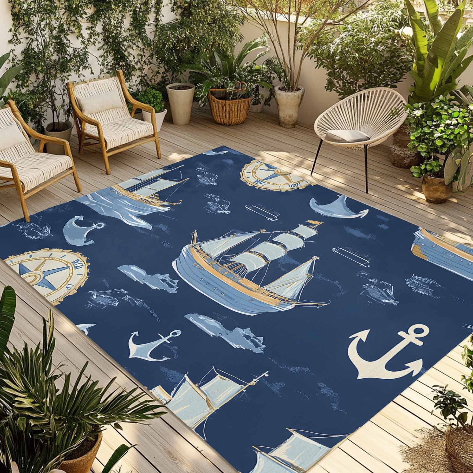 Fsddascl Navy Blue Boat Coastal Outdoor Rug for Patio/Deck/Porch, Non ...