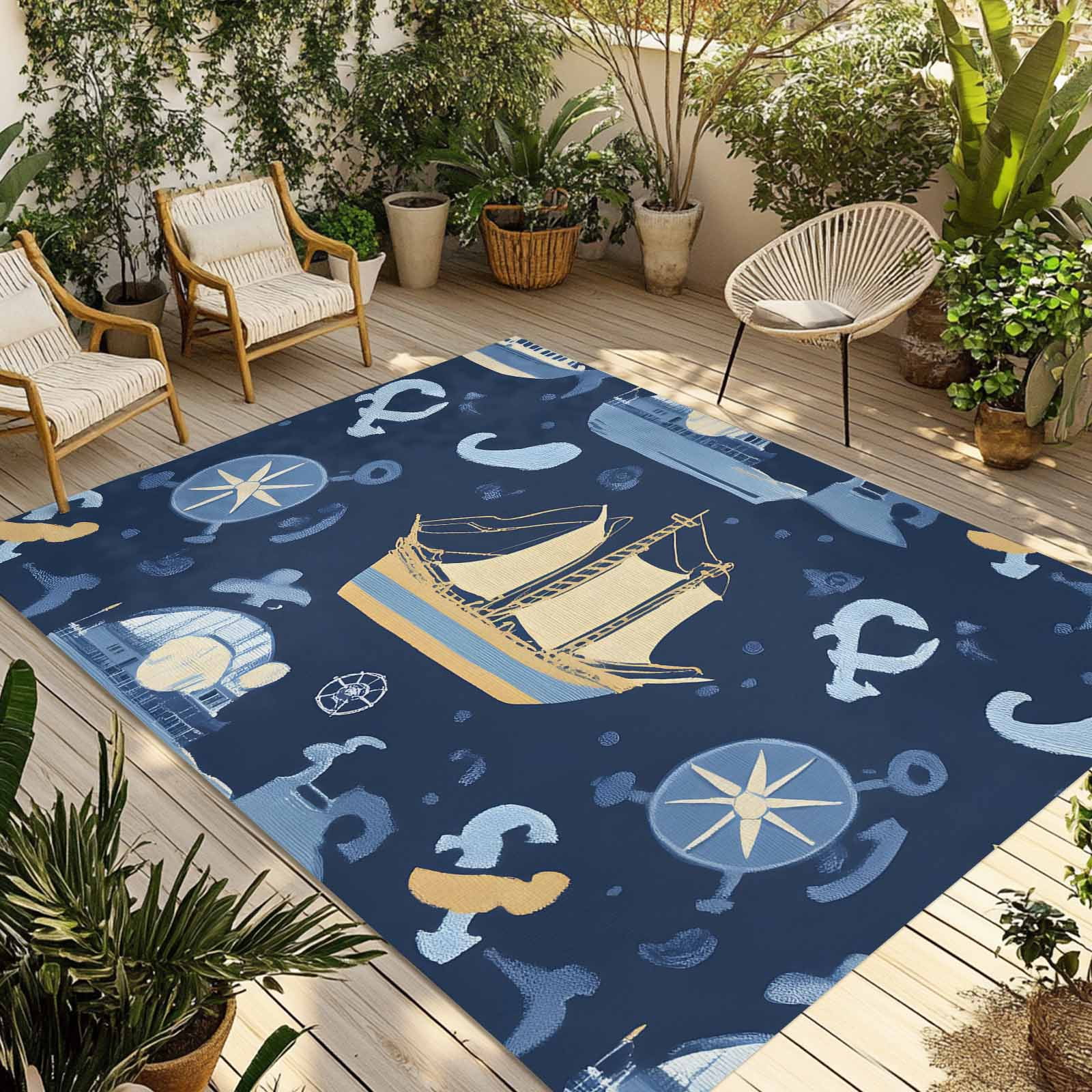 Fsddascl Navy Blue Boat Coastal Outdoor Rug for Patio/Deck/Porch, Non ...