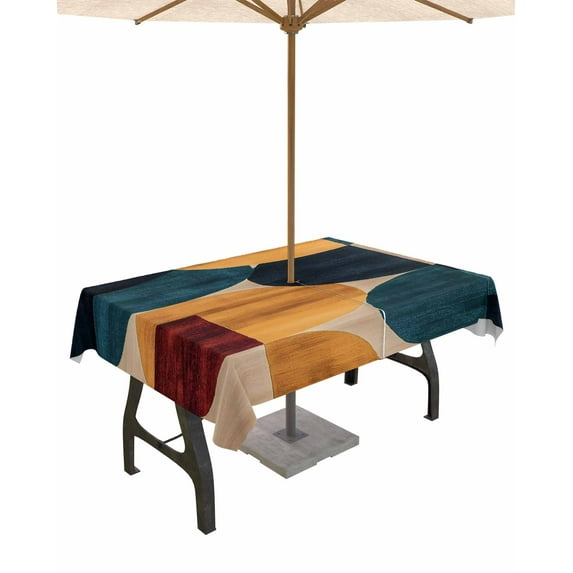 Fsddascl Navy Blue Boho Orange Outdoor Tablecloth - 60x102 Inch Rectangle Dining Table Cover, Geometric Circle Abstract Art Waterproof Outdoor Table Cloth with Umbrella Hole & Zipper for Patio
