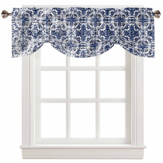 Fsddascl Navy Blue Boho Tie Up Valance Curtains for Windows, Kitchen Curtains Window Treatments, Ehtnic Abstract Art Modern Geometric Short Window Shades Valances for Bedroom Bathroom Cafe 42"x18"