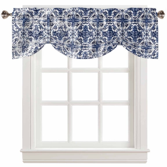 Fsddascl Navy Blue Boho Tie Up Valance Curtains for Windows, Kitchen Curtains Window Treatments, Ehtnic Abstract Art Modern Geometric Short Window Shades Valances for Bedroom Bathroom Cafe 60"x18"