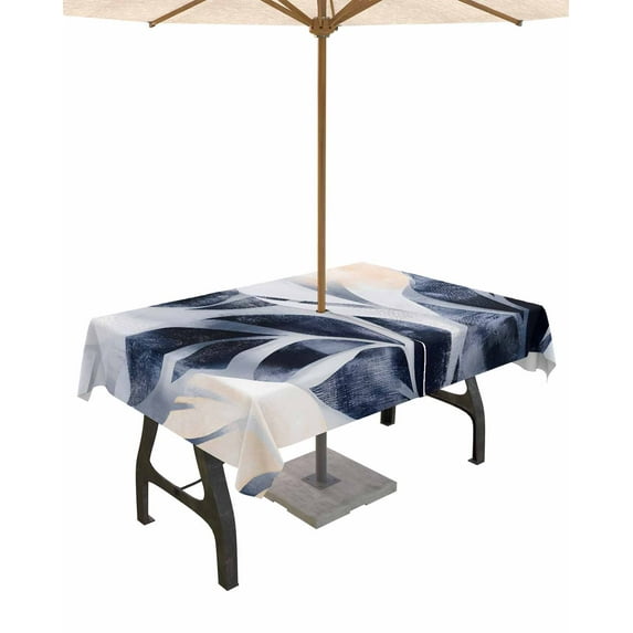 Fsddascl Navy Blue Botanical Outdoor Tablecloth - 60x102 Inch Rectangle Dining Table Cover, Tropical Palm Leaves Vintage Waterproof Outdoor Table Cloth with Umbrella Hole & Zipper for Picnic/Patio