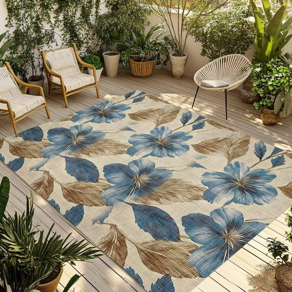 Fsddascl Navy Blue Brown Floral Outdoor Rug for Patio/Deck/Porch, Non-Slip Large Area Rug 5 x 8 Ft, Tropical Palm Leaves Vintage Indoor Outdoor Rugs Washable Area Rugs, Reversible Camping Rug Carpet