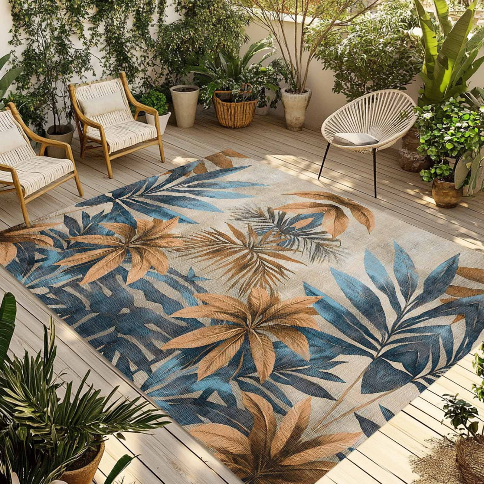 Fsddascl Navy Blue Brown Outdoor Rug for Patio/Deck/Porch, Non-Slip Large Area Rug 4 x 6 Ft, Retro Tropical Botanical Palm Leaves Indoor Outdoor Rugs Washable Area Rugs, Camping Rug Carpet
