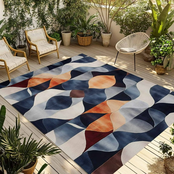 Fsddascl Navy Blue Burnt Orange Outdoor Rug for Patio/Deck/Porch, Non-Slip Large Area Rug 4 x 6 Ft, Geometric Retro Abstract Indoor Outdoor Rugs Washable Area Rugs, Reversible Camping Rug Carpet