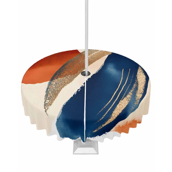 Fsddascl Navy Blue Burnt Orange Outdoor Tablecloth - 54 Inch Round Dining Table Cover, Retro Geometric Modern Waterproof Outdoor Table Cloth with Umbrella Hole & Zipper for Picnic/Patio/Party