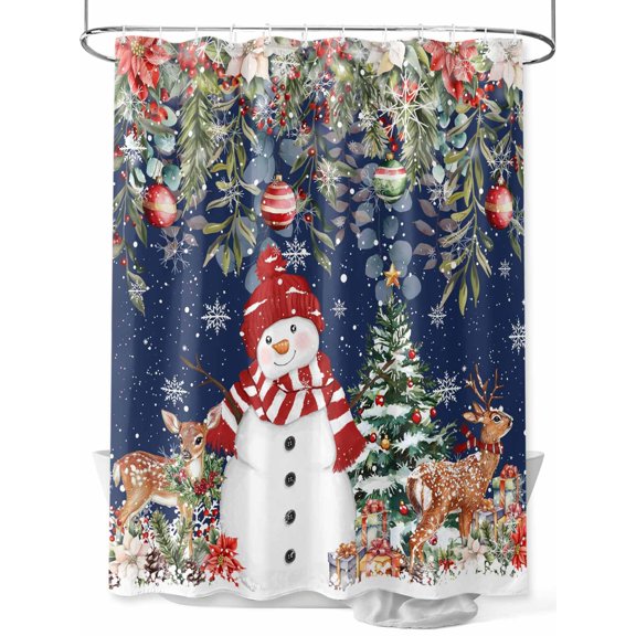 Fsddascl Navy Blue Christmas Shower Curtain Set - Long 72" x 84" Washable Bathtub Curtain with 12 Hooks, Snowman Xmas Tree Poinsettia Eucalyptus Waterproof Fabric Stall Shower Curtains for Bathroom