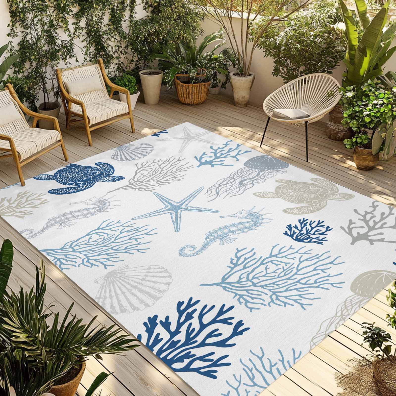 Fairpoint Sea Rug Fsddascl Navy Blue Coastal Outdoor Rug for Patio/Deck, Non-Slip Large ...