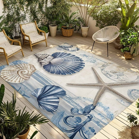 Fsddascl Navy Blue Coastal Outdoor Rug for Patio/Deck/Porch, Non-Slip Large Area Rug 4 x 6 Ft, Vintage Sea Beach Shell Starfish Indoor Outdoor Rugs Washable Area Rugs, Reversible Camping Rug Carpet