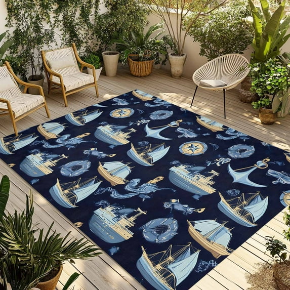 Fsddascl Navy Blue Coastal Outdoor Rug for Patio/Deck/Porch, Non-Slip Large Area Rug 5 x 8 Ft, Nautical Boat Ocean Summer Beach Indoor Outdoor Rugs Washable Area Rugs, Reversible Camping Rug Carpet