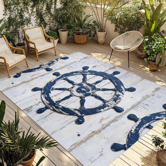 Fsddascl Navy Blue Coastal Outdoor Rug for Patio/Deck/Porch, Non-Slip Large Area Rug 5 x 8 Ft, Nautical Summer Rudder Vintage Indoor Outdoor Rugs Washable Area Rugs, Reversible Camping Rug Carpet