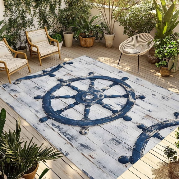 Fsddascl Navy Blue Coastal Outdoor Rug for Patio/Deck/Porch, Non-Slip Large Area Rug 5 x 8 Ft, Nautical Summer Vintage Rudder Indoor Outdoor Rugs Washable Area Rugs, Reversible Camping Rug Carpet