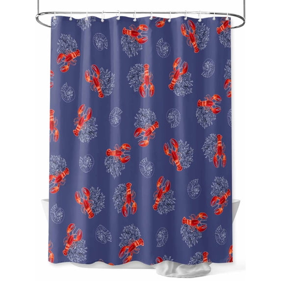 Fsddascl Navy Blue Coastal Shower Curtain Set - Small 36" x 72" Washable Bathtub Curtain with 12 Hooks, Red Lobster Nautical Ocean Waterproof Fabric Stall Shower Curtains for Bathroom/Bathtub Décor