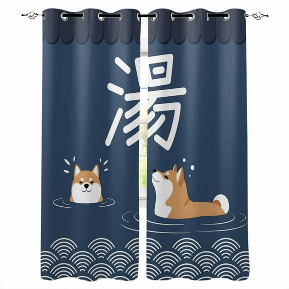 Fsddascl Navy Blue Cute Puppy Blackout Curtains for Bedroom/Living Room, Thermal Insulated Kitchen Curtains, Modern Abstract Dog Bathing Grommet Darkening Window Treatment Drapes 42"x63"x2