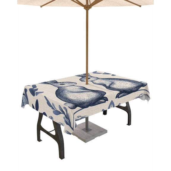 Fsddascl Navy Blue Easter Outdoor Tablecloth - 52x70 Inch Rectangle Dining Table Cover, Bunny Pastoral Summer Botanical Rustic Waterproof Outdoor Table Cloth with Umbrella Hole & Zipper for Patio