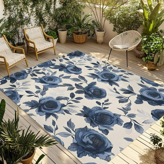 Fsddascl Navy Blue Floral Outdoor Rug for Patio/Deck/Porch, Non-Slip Large Area Rug 4 x 6 Ft, Spring Flower Blossom Botanical Indoor Outdoor Rugs Washable Area Rugs, Reversible Camping Rug Carpet