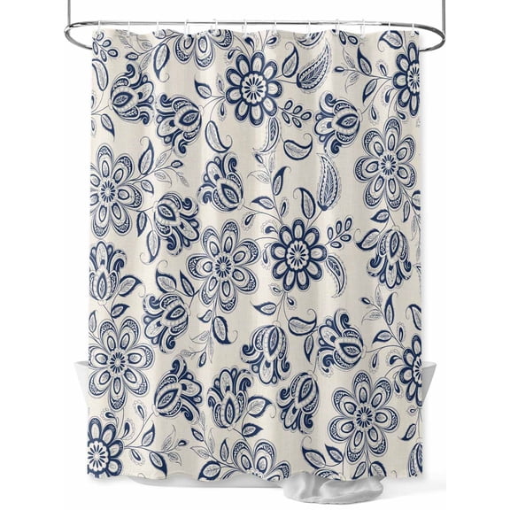 Fsddascl Navy Blue Flowers Shower Curtain Set - Extra Long 72" x 96" Washable Bathtub Curtain with 12 Hooks, Retro Ethnic Floral Pastoral Art Waterproof Fabric Stall Shower Curtains for Bathroom