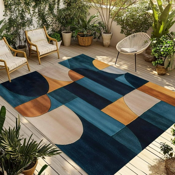 Fsddascl Navy Blue Geometric Outdoor Rug for Patio/Deck/Porch, Non-Slip Large Area Rug 4 x 6 Ft, Abstract Art Boho Indoor Outdoor Rugs Washable Area Rugs, Reversible Camping Rug Carpet Runner