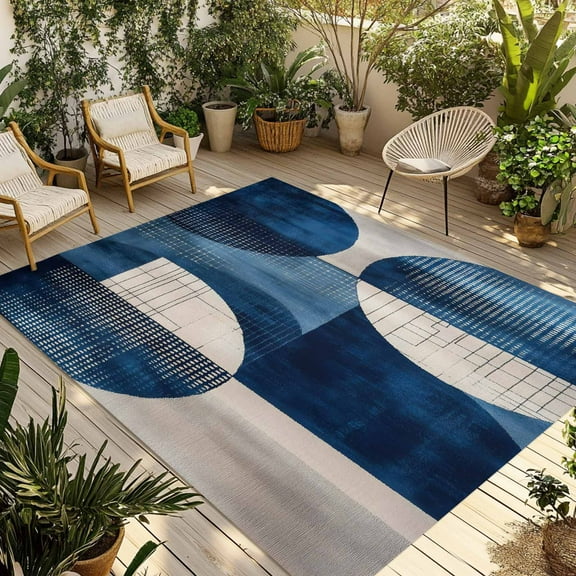 Fsddascl Navy Blue Geometric Outdoor Rug for Patio/Deck/Porch, Non-Slip Large Area Rug 4 x 6 Ft, Boho Color Block Artwork Indoor Outdoor Rugs Washable Area Rugs, Reversible Camping Rug Carpet Runner