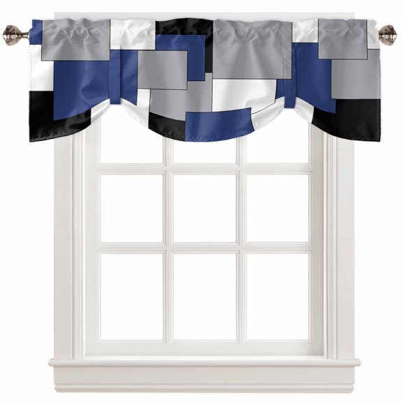 Fsddascl Navy Blue Grey Black Geometric Tie Up Valance Curtains for Windows, Kitchen Curtains Window Treatments, Middle Century Art Abstract Aesthetics Window Valances for Bedroom Bathroom 42"x12"
