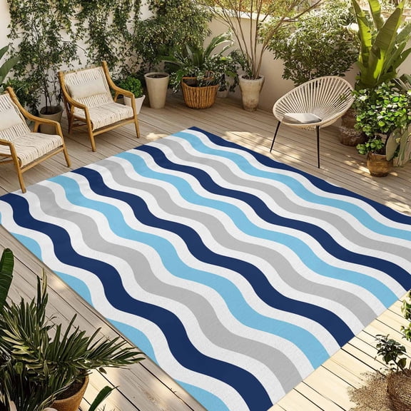 Fsddascl Navy Blue Grey Outdoor Rug for Patio/Deck/Porch, Non-Slip Large Area Rug 4 x 6 Ft, Abstract Geometric Ocean Wave Stripe Indoor Outdoor Rugs Washable Area Rugs, Reversible Camping Rug Carpet