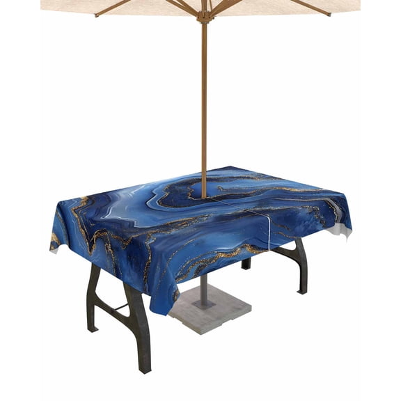 Fsddascl Navy Blue Marble Outdoor Tablecloth - 60x102 Inch Rectangle Dining Table Cover, Contemporary Ink Painting Abstract Waterproof Outdoor Table Cloth with Umbrella Hole & Zipper for Patio